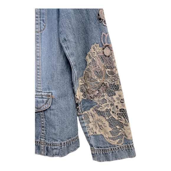 VTG Chico Designer Embroidered Lace Denim Statement Jean Jacket size 0 - Picture 2 of 12